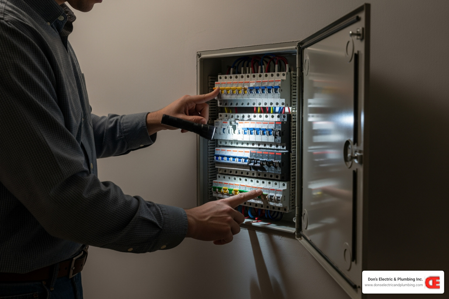 person checking their home's circuit breaker panel - emergency heat pump service palatine