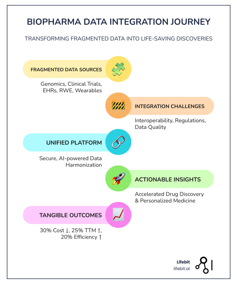 Infographic showing the journey from siloed data sources (genomics databases, clinical trial systems, electronic health records, wearables, and real-world evidence) flowing through data integration challenges (interoperability issues, regulatory compliance, data quality problems) and then converging into a unified platform that enables accelerated drug discovery, personalized medicine, optimized clinical trials, and improved patient outcomes with specific metrics: 30% cost reduction, 25% faster time to market, and 20% efficiency increase - Biopharma data integration infographic infographic-line-5-steps-colors