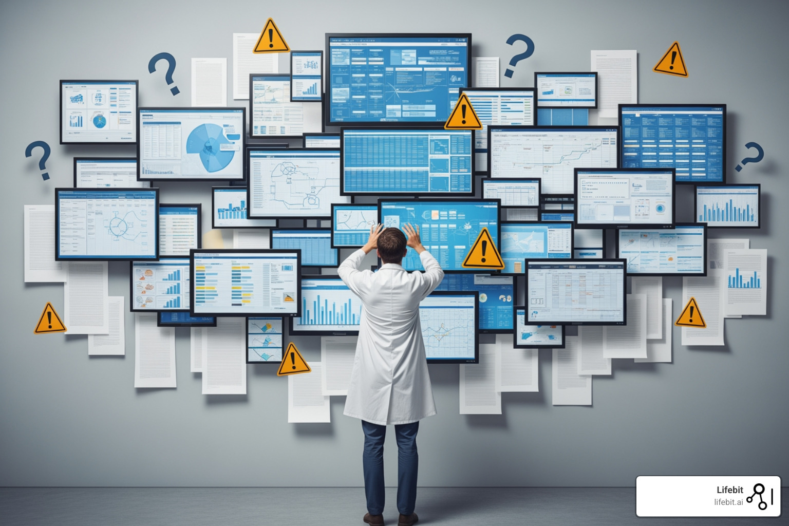 Image of a researcher facing a wall of disparate data formats (spreadsheets, lab notes, databases, legacy systems) with question marks and error symbols, symbolizing the difficulty of data integration. - Biopharma data integration