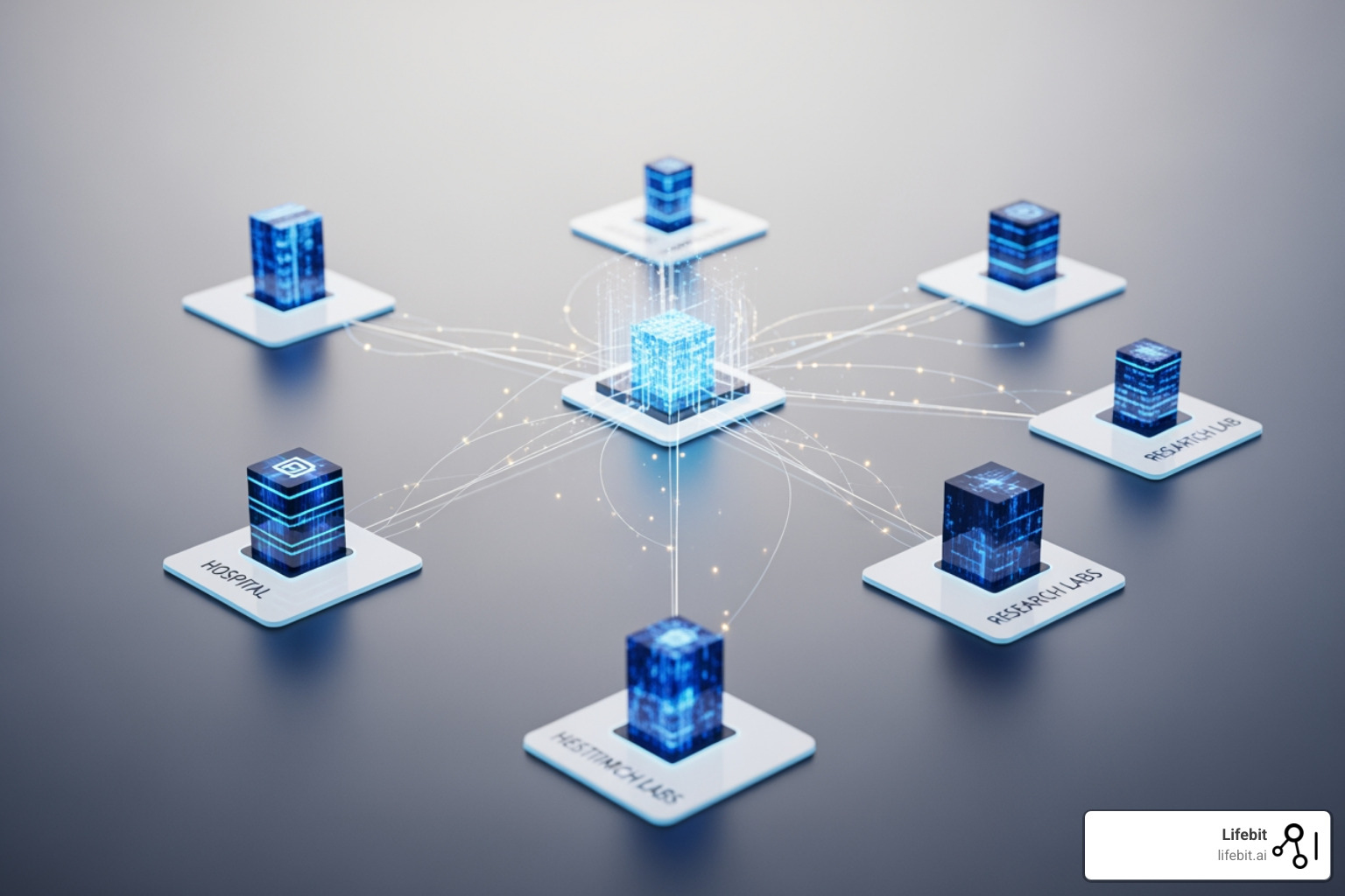 Image of a modern, federated data architecture connecting hospitals, labs, and research centers without moving data, illustrating data remaining at source while insights are generated centrally. - Biopharma data integration