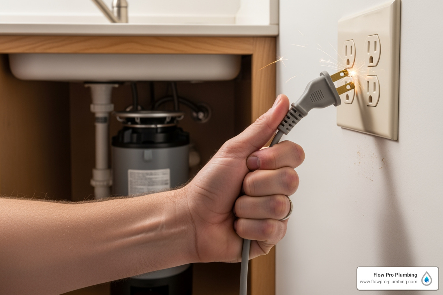 person unplugging garbage disposal - Garbage disposal burning smell person unplugging garbage disposal - Garbage disposal burning smell