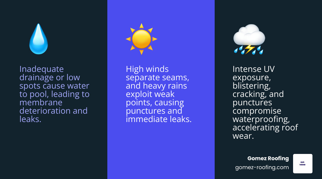 Infographic showing the top 3 flat roof problems in South Florida: 1. Ponding Water - caused by inadequate drainage or low spots, leads to membrane deterioration and leaks. 2. Membrane Damage - UV exposure, blistering, cracking, and punctures from debris or foot traffic compromise waterproofing. 3. Storm Impact - high winds separate seams, heavy rain exploits weak points, flying debris causes punctures, requiring immediate attention after hurricane season. - flat roof repair fort lauderdale fl infographic 3_facts_emoji_blue