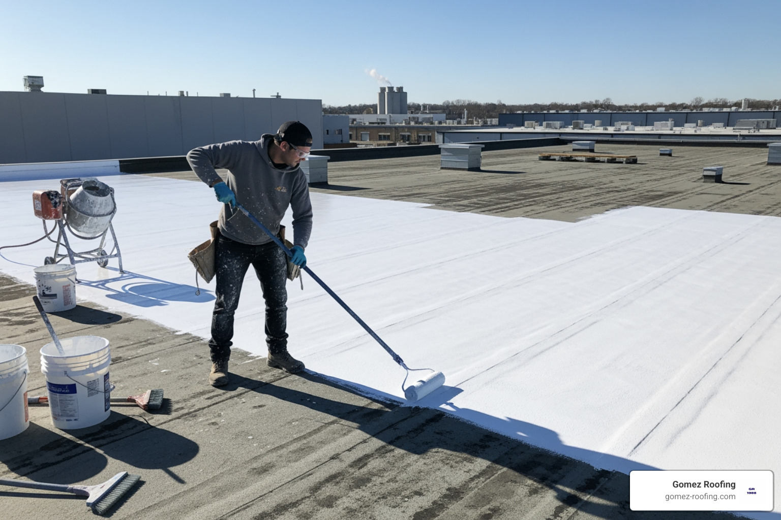 Gomez Roofing technician applying reflective coating to a flat roof - flat roof repair fort lauderdale fl