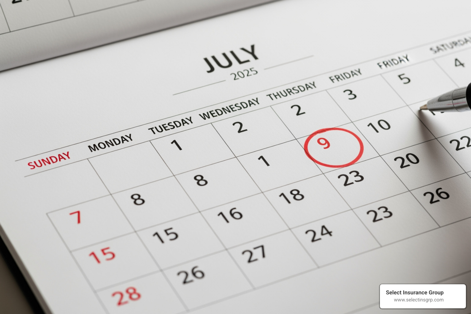Calendar with July 1 2025 circled - North Carolina car insurance laws Calendar with July 1 2025 circled - North Carolina car insurance laws
