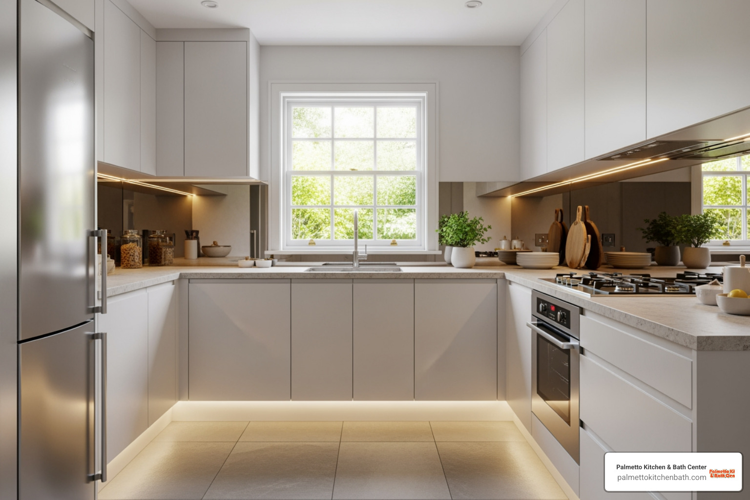 small kitchen with under-cabinet lighting and a mirrored backsplash - Small kitchen renovation