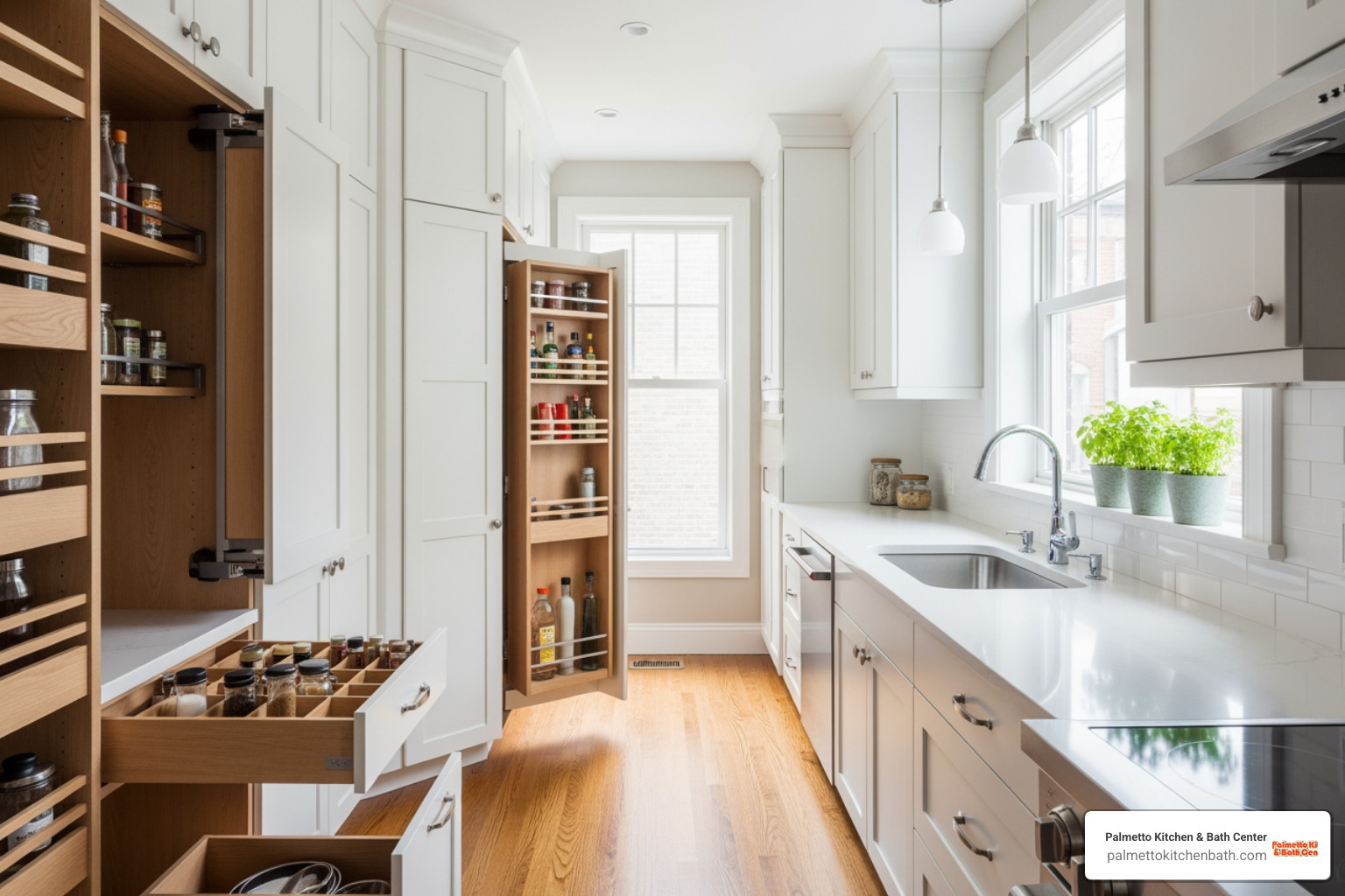 galley kitchen with clever built-in pantry storage - Small kitchen renovation
