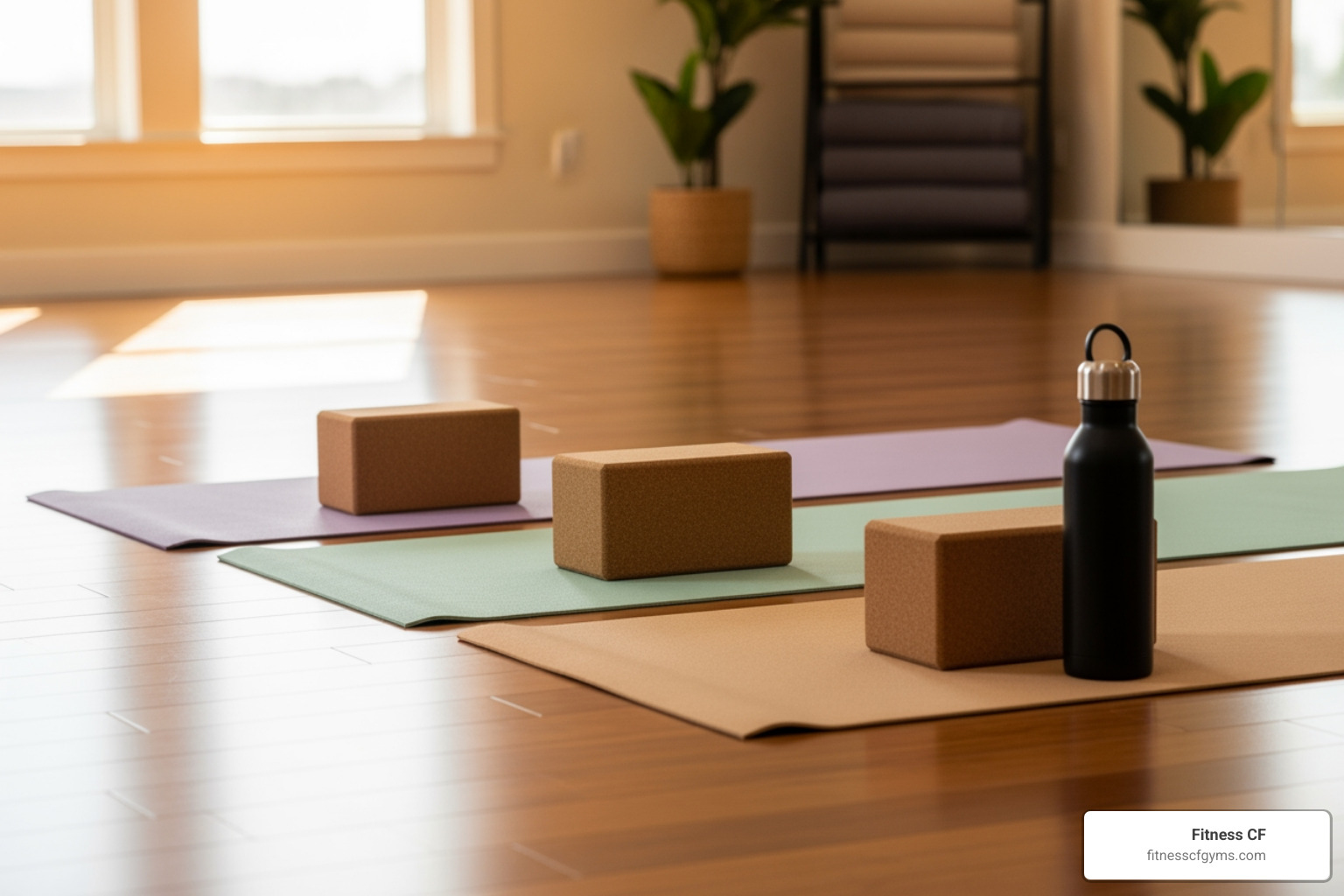 yoga mats, blocks, and a water bottle ready for class - Yoga classes St Cloud yoga mats, blocks, and a water bottle ready for class - Yoga classes St Cloud