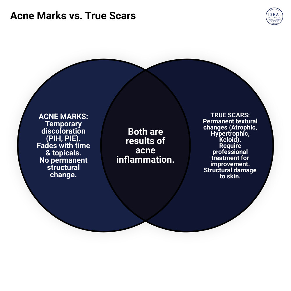 infographic showing the difference between temporary post-acne marks like PIH and PIE versus permanent atrophic scars like ice pick, boxcar, and rolling scars, with visual examples of each type and treatment approaches - Acne scar reduction infographic venn_diagram