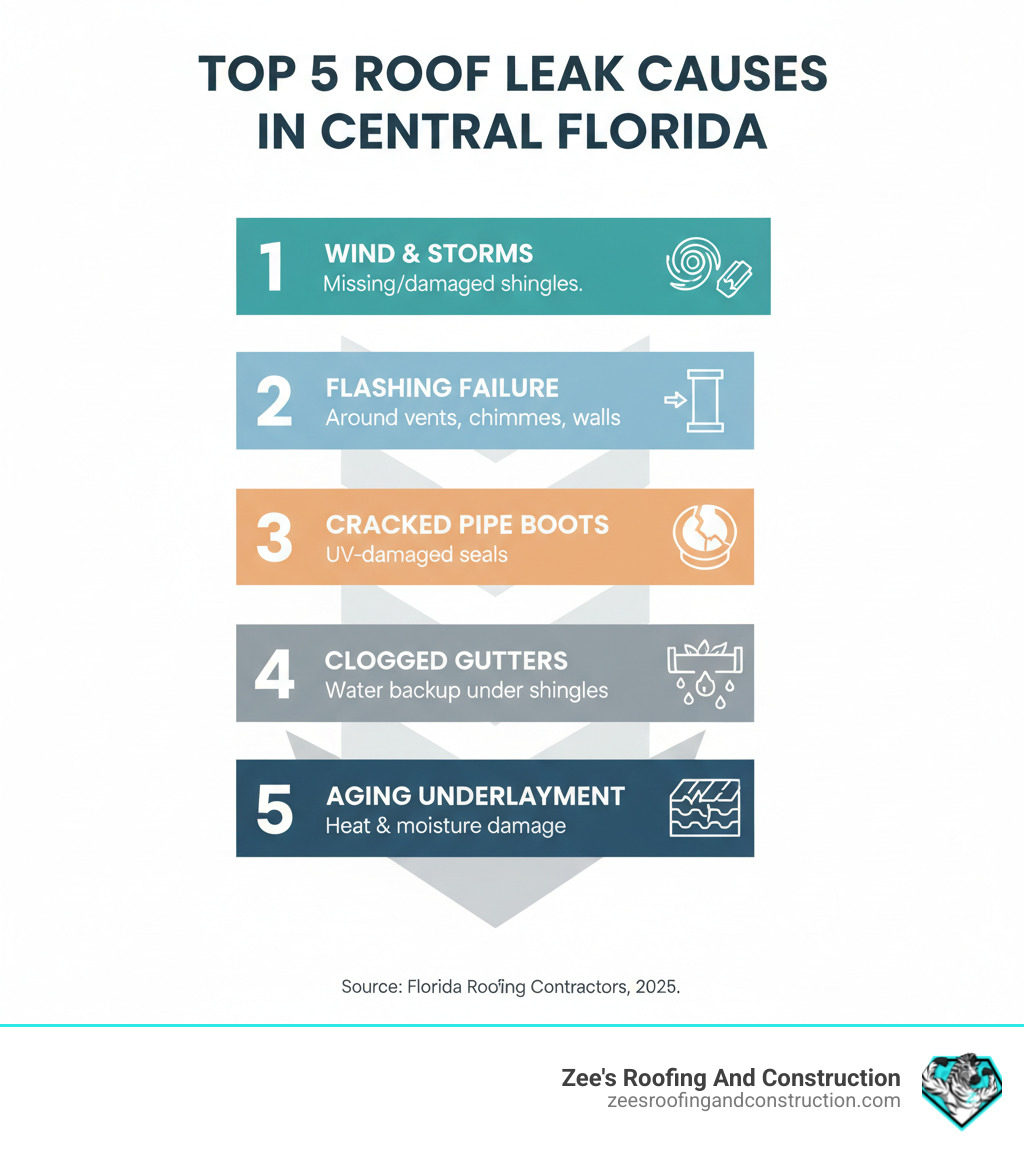 Infographic showing the top 5 causes of roof leaks in Central Florida: 1) Wind-damaged or missing shingles from hurricanes and storms, 2) Failed or deteriorated flashing around chimneys, vents, and walls, 3) Cracked or UV-damaged pipe boots and vent seals, 4) Clogged gutters causing water backup under shingles, 5) Aging underlayment compromised by heat and moisture - roof leak repair orlando infographic 
