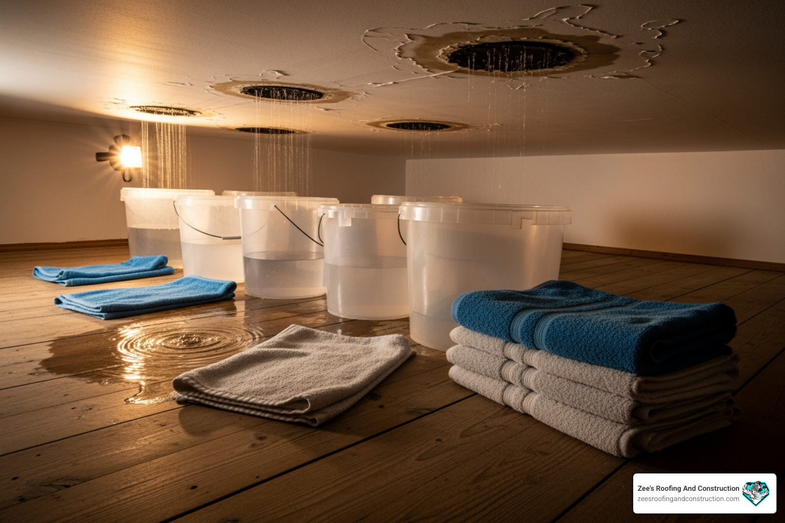 buckets and towels strategically placed on a floor to catch drips from a ceiling - roof leak repair orlando