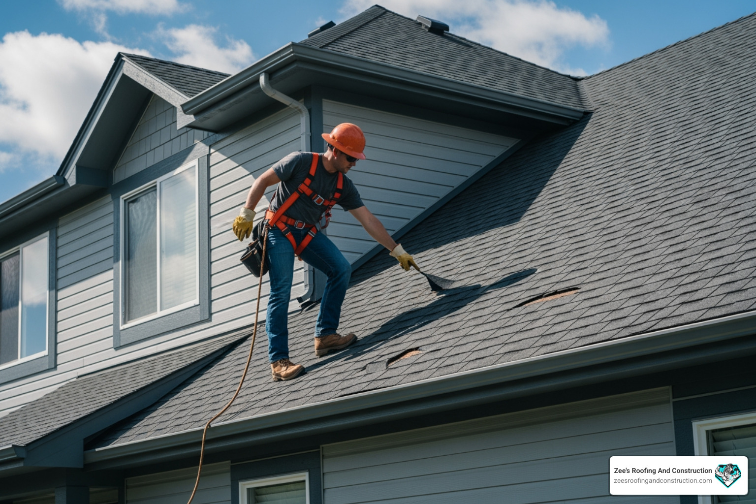 roofer in safety gear inspecting a damaged section of a roof - roof leak repair orlando