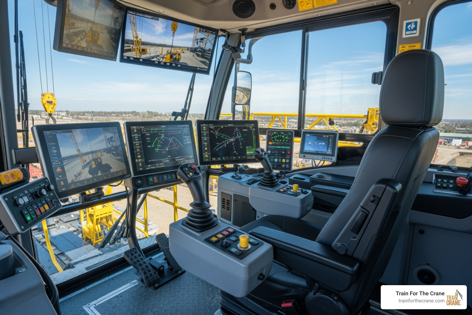 crane operator's cab with modern digital displays - Construction site crane crane operator's cab with modern digital displays - Construction site crane