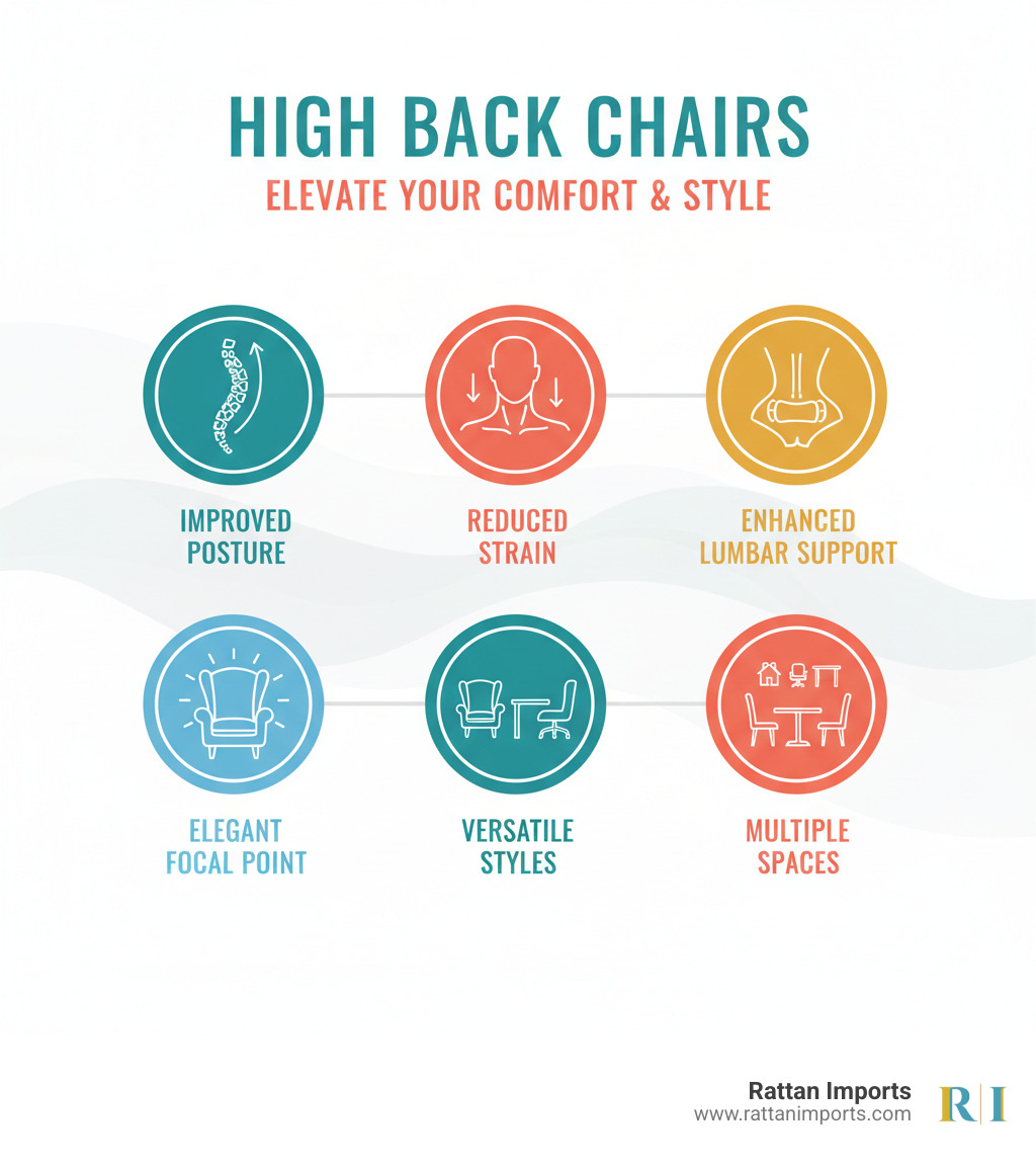 infographic showing the key benefits of high back chairs including improved posture with proper spinal alignment, reduced neck and shoulder strain, enhanced lumbar support, elegant focal point for rooms, versatile styles from traditional to modern, and suitable for multiple spaces like living rooms offices and dining areas - high back chairs for sale infographic infographic showing the key benefits of high back chairs including improved posture with proper spinal alignment, reduced neck and shoulder strain, enhanced lumbar support, elegant focal point for rooms, versatile styles from traditional to modern, and suitable for multiple spaces like living rooms offices and dining areas - high back chairs for sale infographic