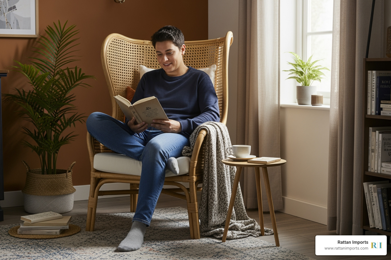 person comfortably reading in a high back rattan chair - high back chairs for sale person comfortably reading in a high back rattan chair - high back chairs for sale