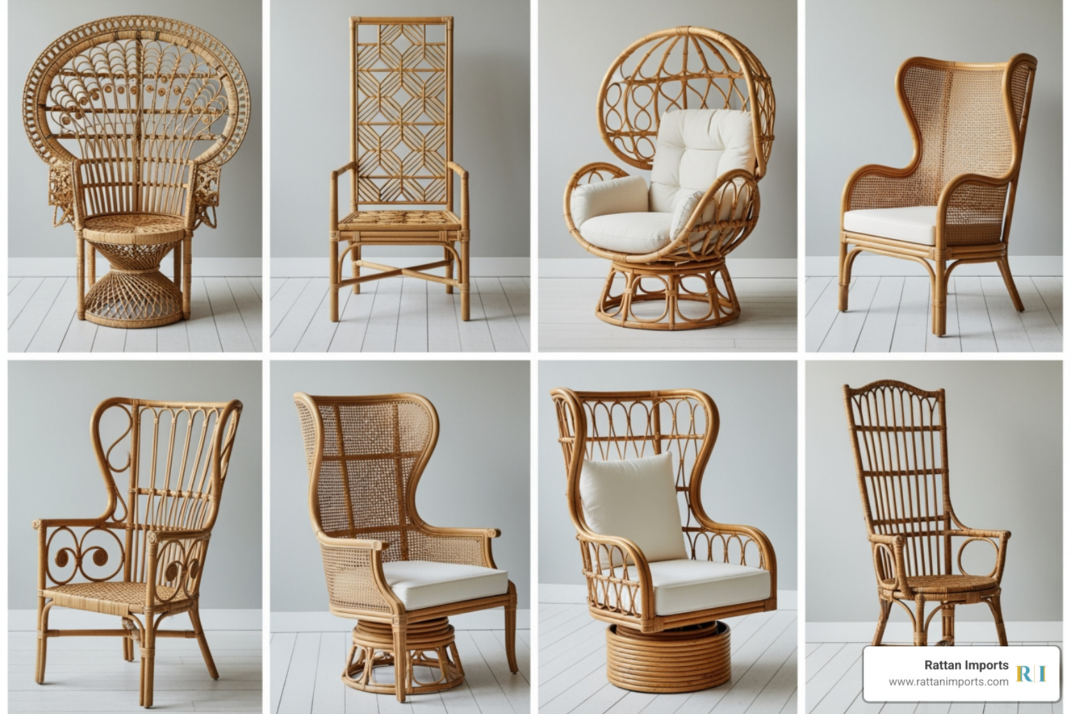 collage showcasing different styles of high back rattan and wicker chairs from Rattan Imports - high back chairs for sale collage showcasing different styles of high back rattan and wicker chairs from Rattan Imports - high back chairs for sale