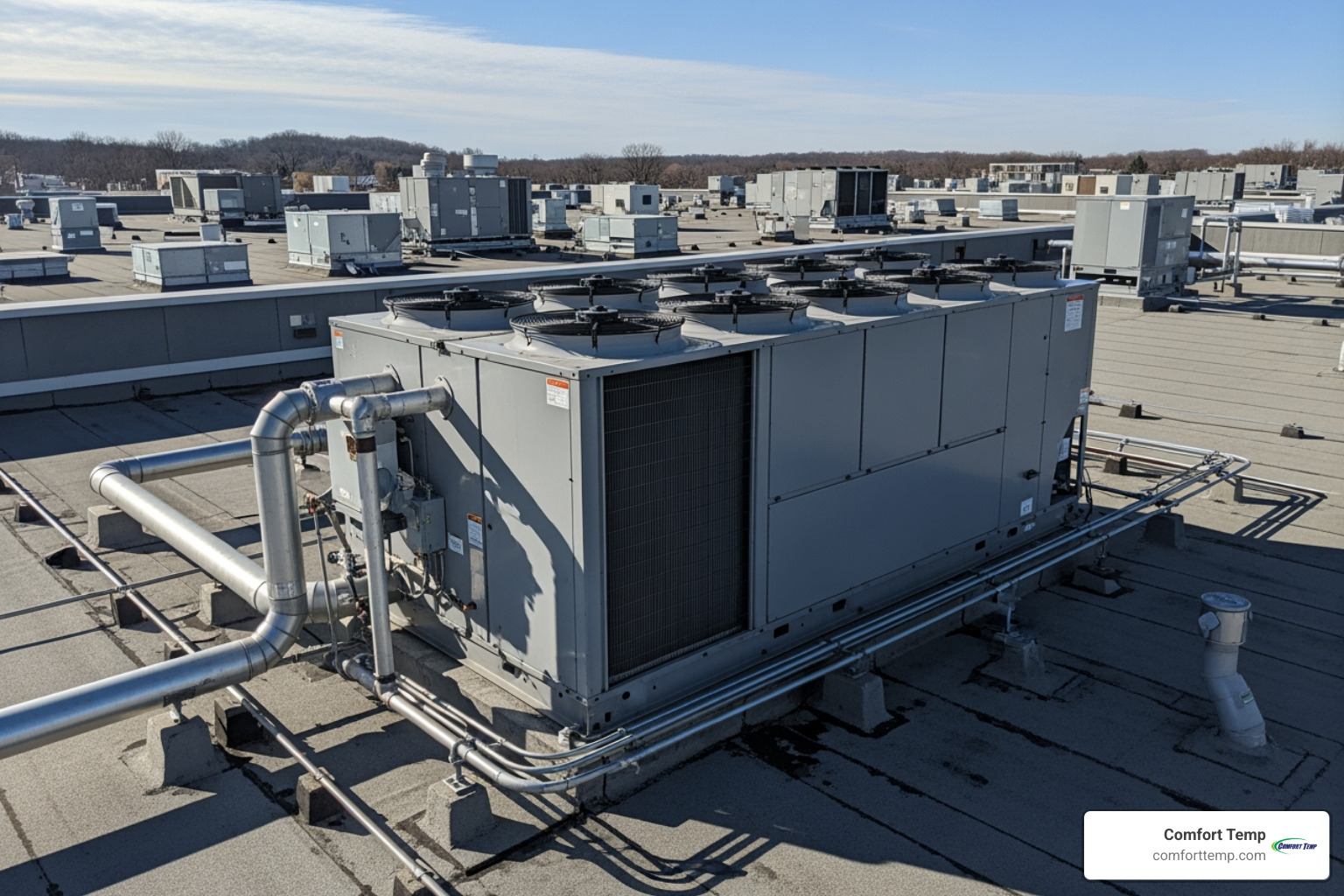 An air-cooled chiller on a commercial rooftop - chiller services An air-cooled chiller on a commercial rooftop - chiller services