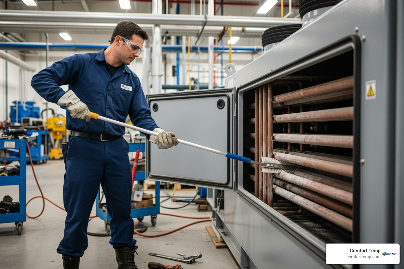 A technician cleaning chiller condenser tubes - chiller services A technician cleaning chiller condenser tubes - chiller services