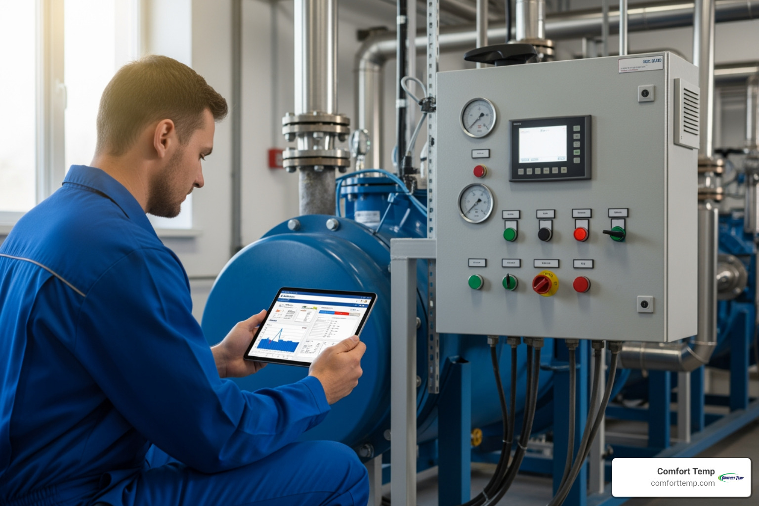 A technician using a tablet to diagnose a chiller control panel - chiller services A technician using a tablet to diagnose a chiller control panel - chiller services