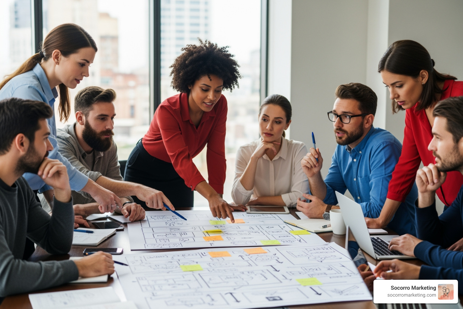 diverse creative team collaborating on a storyboard - healthcare video production company