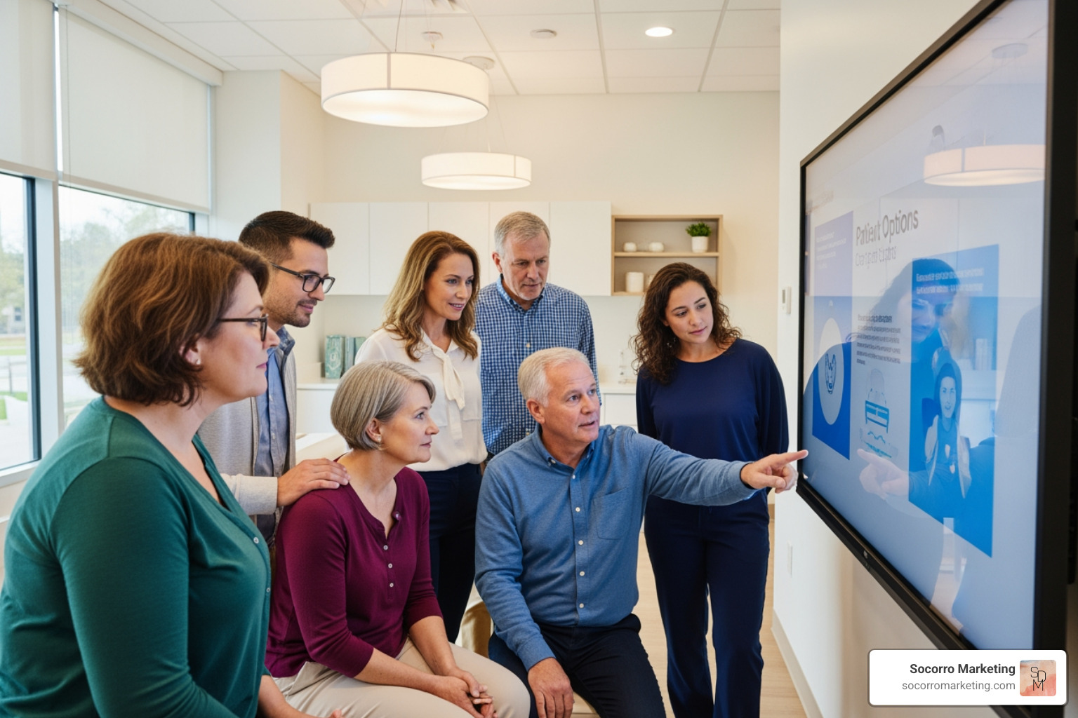 diverse group of patients looking at a screen with confidence - generate leads in medical