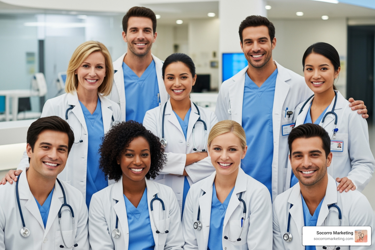 a diverse group of happy healthcare staff posing for a photo - healthcare video marketing examples