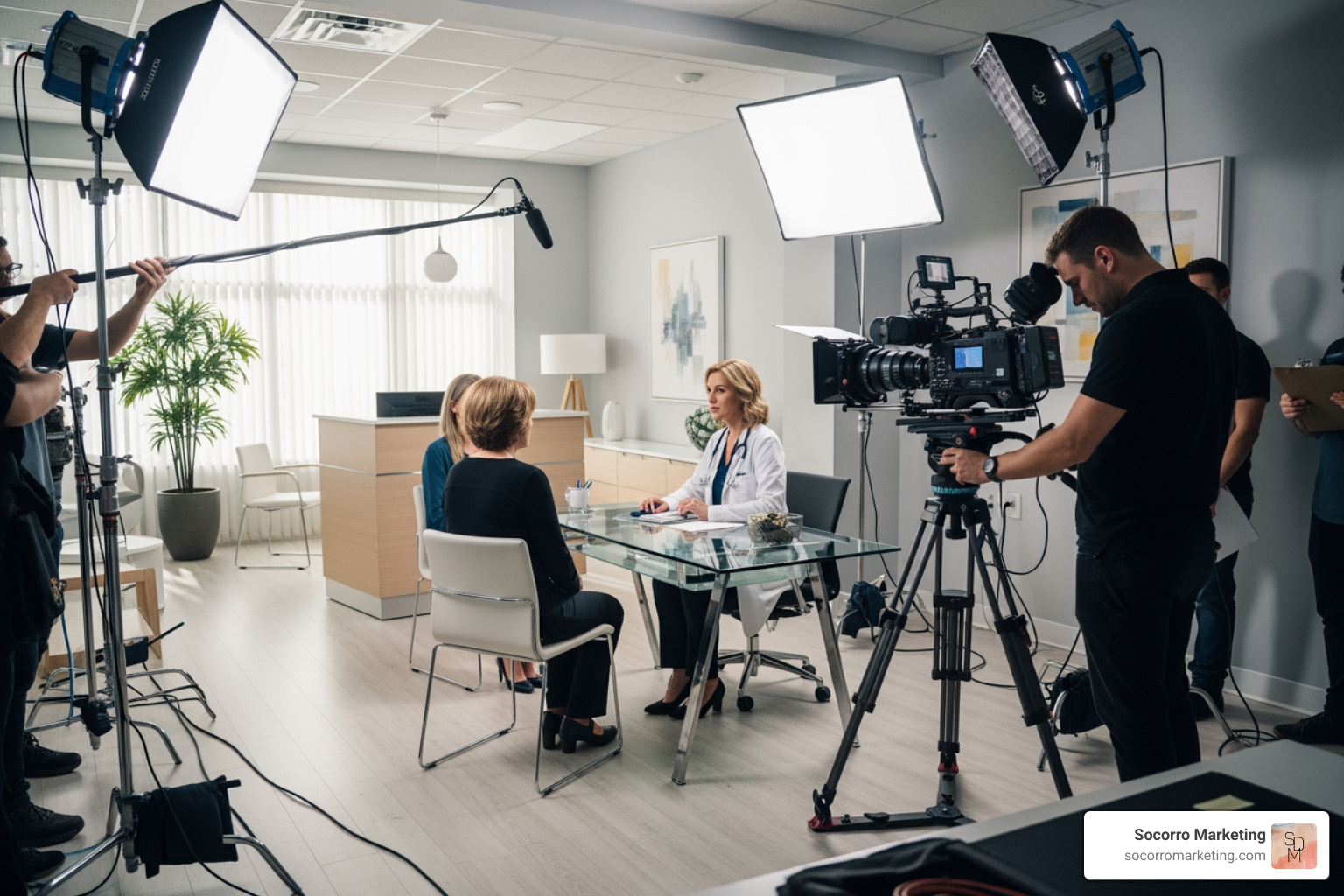 a video production set in a clean, modern medical office - healthcare video marketing examples