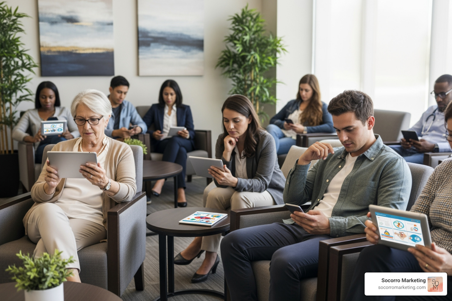 diverse group of patients watching an educational health video on their phones - video marketing for healthcare