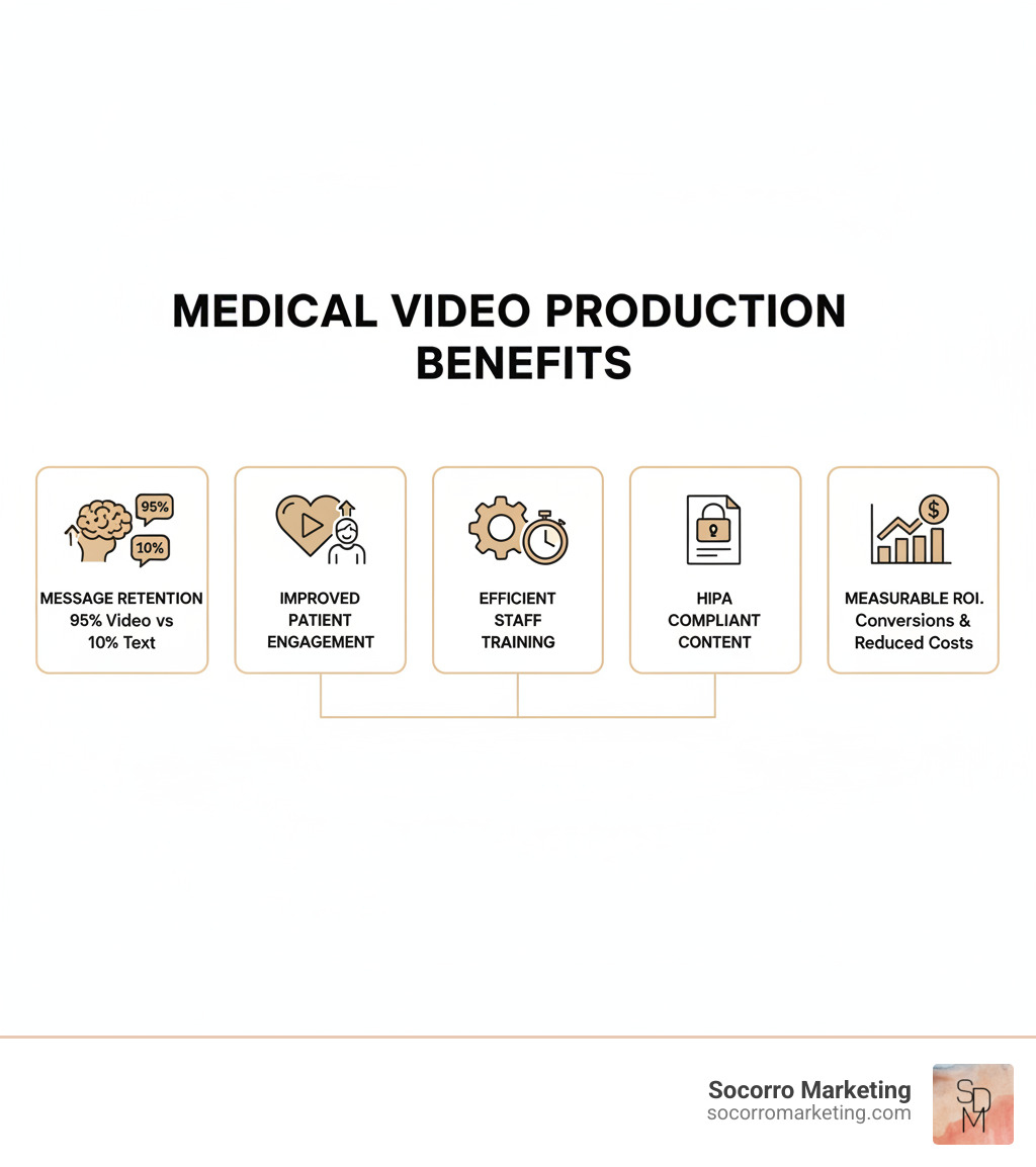 Infographic showing the core benefits of medical video production including 95% message retention vs 10% for text, improved patient engagement, enhanced staff training efficiency, HIPAA-compliant content creation, and measurable ROI through increased conversions and reduced training costs - medical video production infographic 