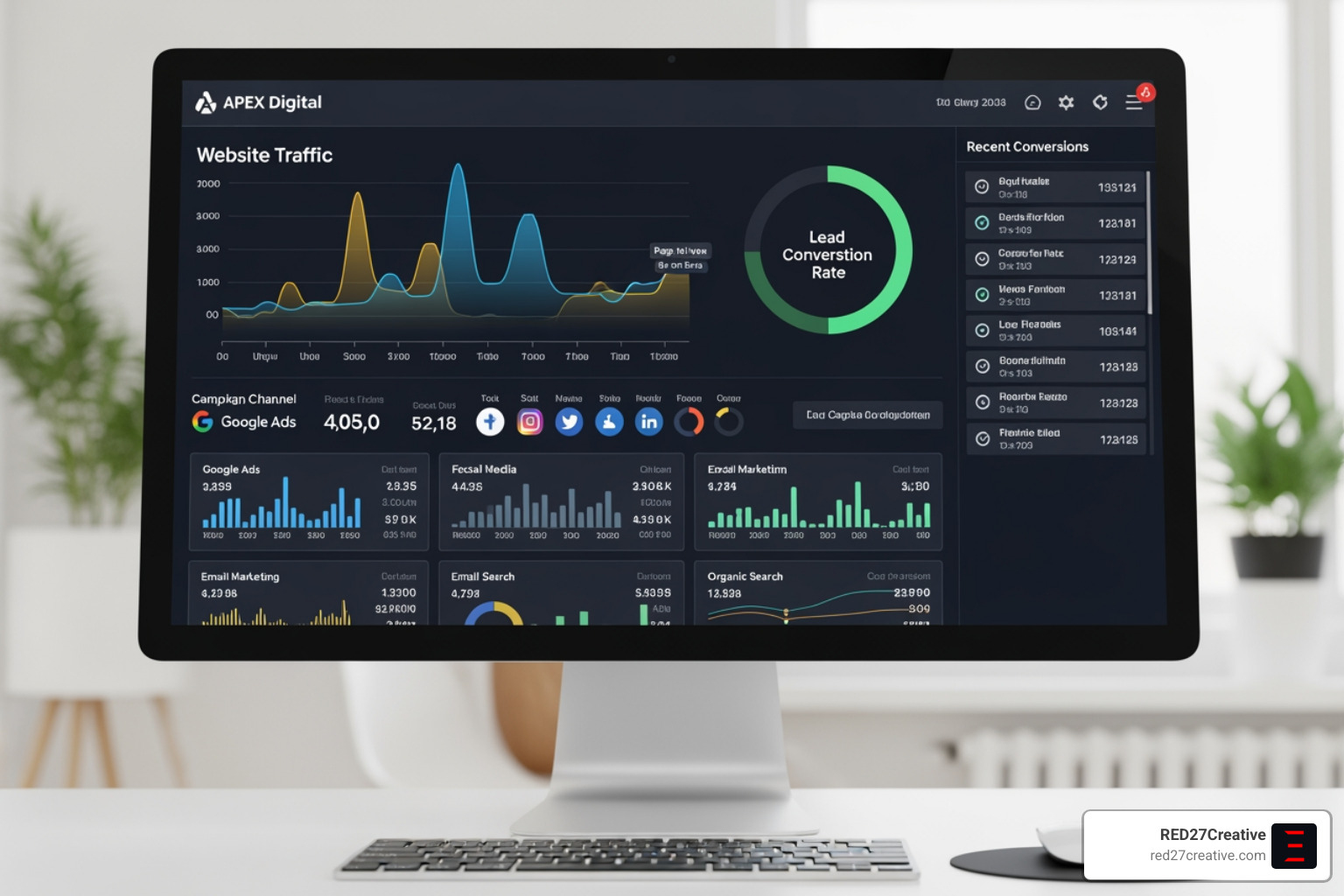 A modern digital marketing agency dashboard displaying real-time metrics for website traffic, lead conversions, and overall campaign performance across various channels. - Digital Marketing Agency A modern digital marketing agency dashboard displaying real-time metrics for website traffic, lead conversions, and overall campaign performance across various channels. - Digital Marketing Agency