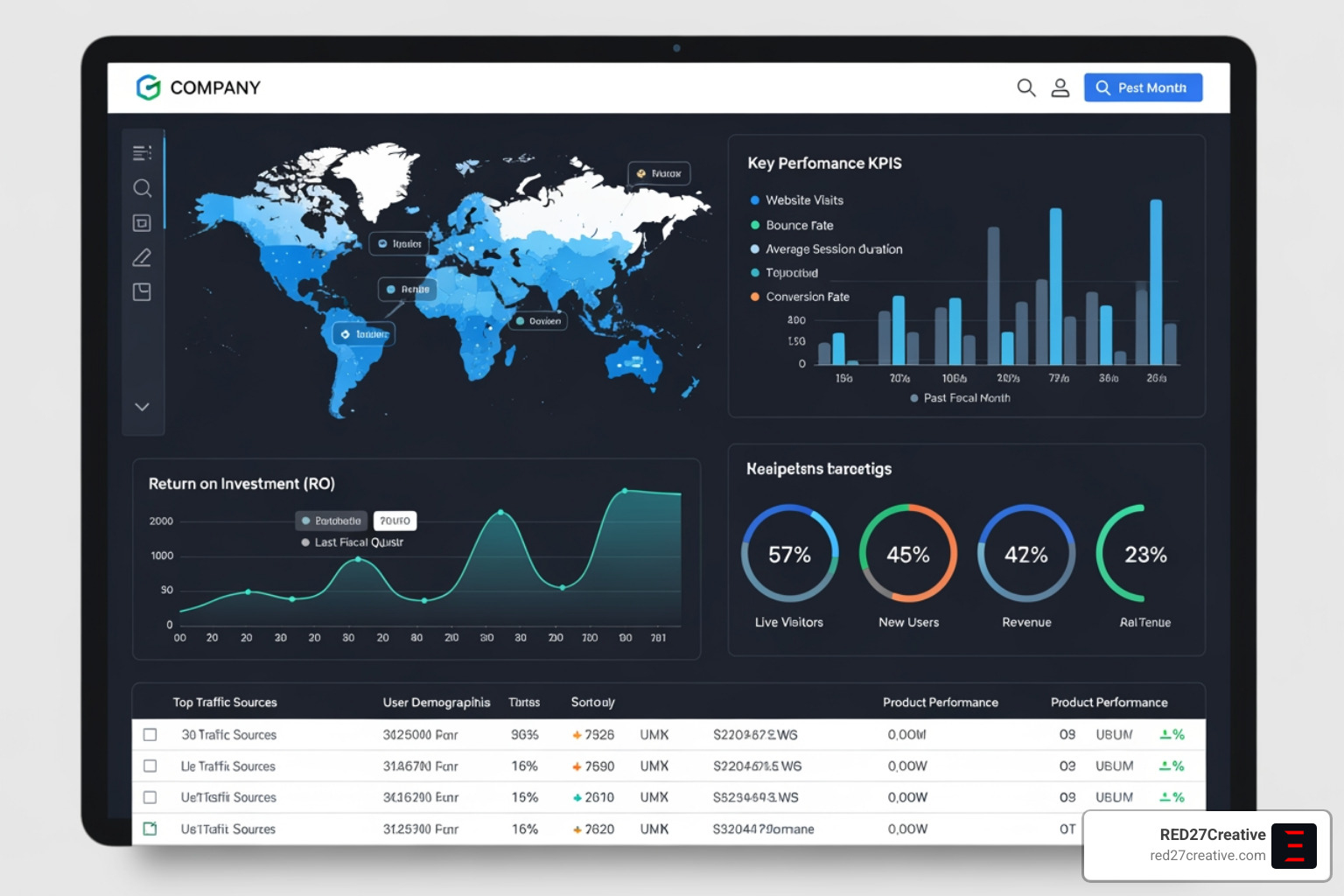 A detailed analytics report displaying key performance indicators (KPIs) and ROI metrics with clear charts and graphs, demonstrating a data-driven approach to digital marketing. - Digital Marketing Agency A detailed analytics report displaying key performance indicators (KPIs) and ROI metrics with clear charts and graphs, demonstrating a data-driven approach to digital marketing. - Digital Marketing Agency