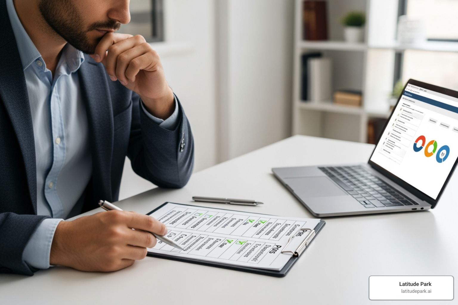 A person sitting at a desk, thoughtfully comparing different service options laid out on a checklist, weighing pros and cons before making a decision. - power listings