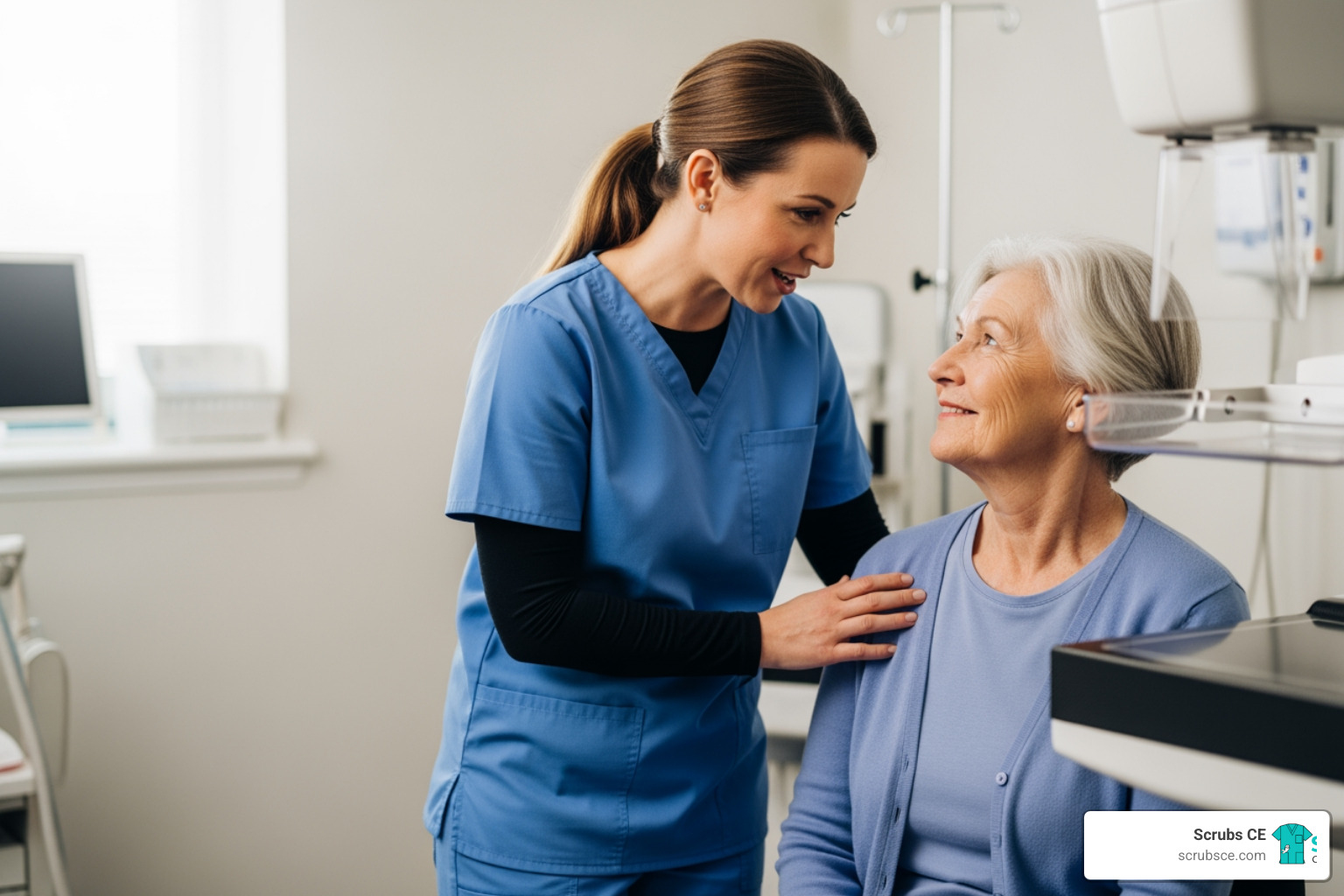 Compassionate technologist speaking with patient - mammography continuing education credits Compassionate technologist speaking with patient - mammography continuing education credits