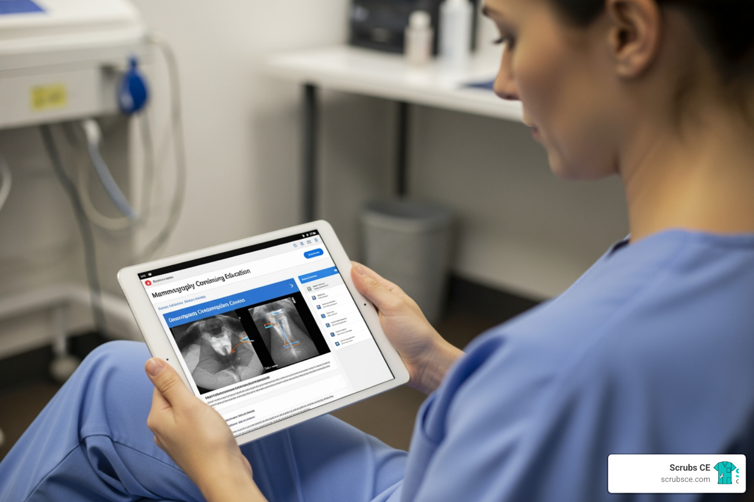 Technologist completing online course on tablet - mammography continuing education credits Technologist completing online course on tablet - mammography continuing education credits