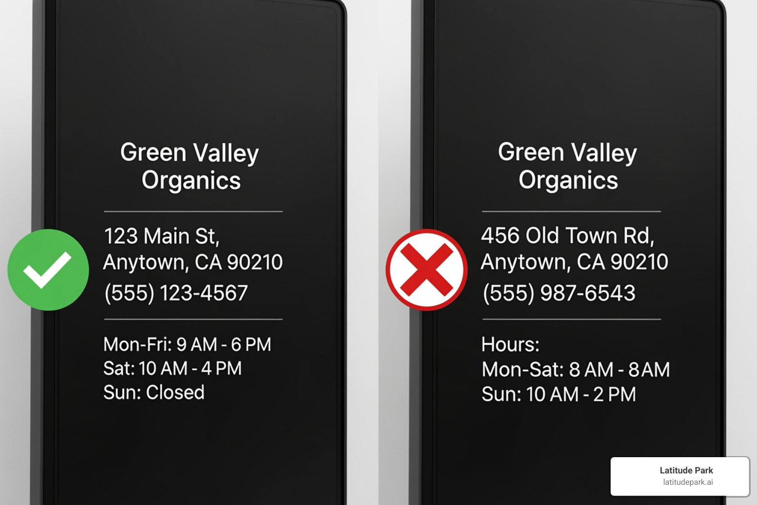 A split screen showing a correct business listing on the left with a green checkmark, displaying accurate name, address, phone, and hours. On the right, an incorrect listing with a red 'X' shows mismatched information, an old address, and an incorrect phone number. - power listings