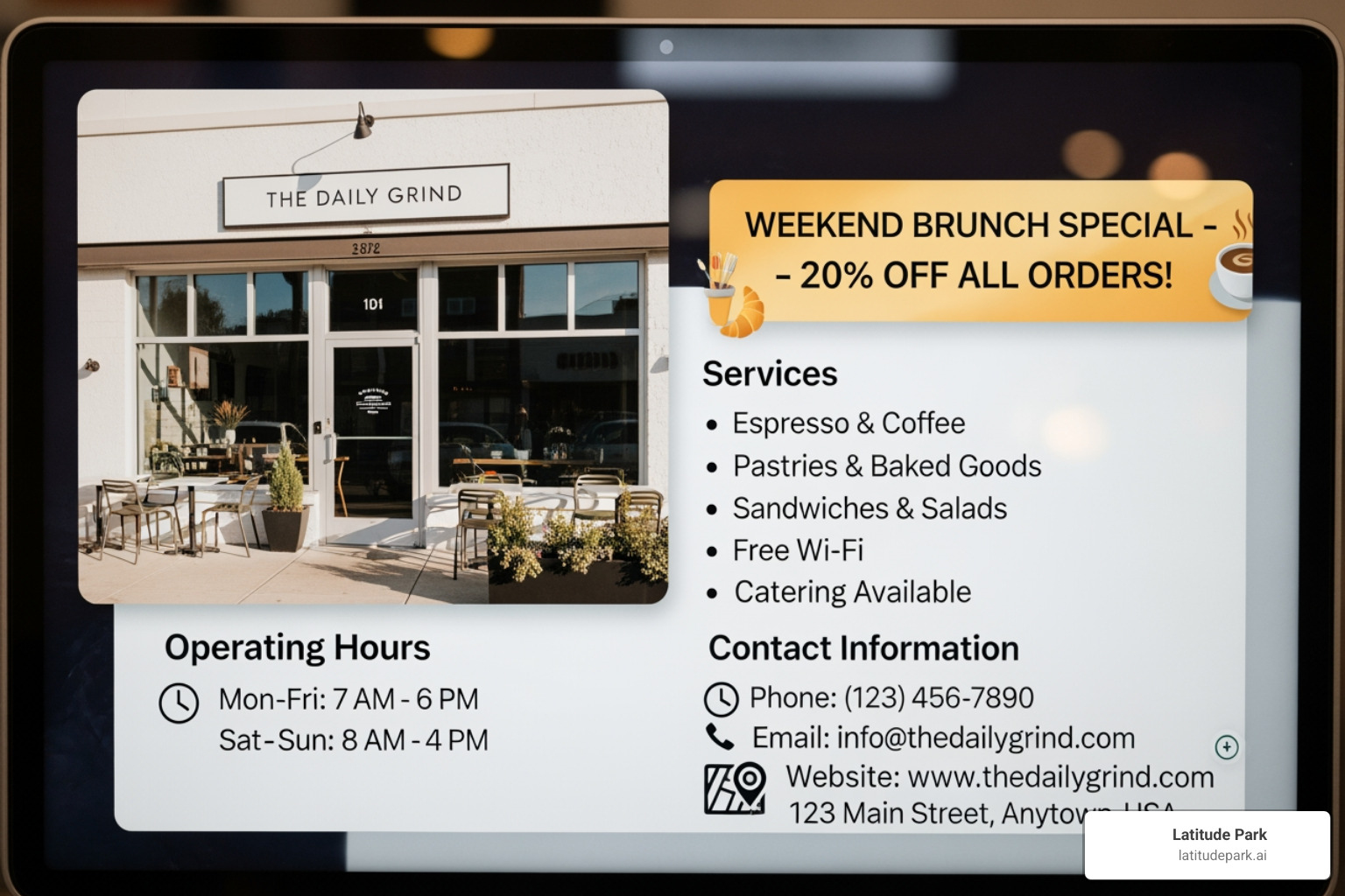 An improved business listing showcasing a high-quality photo of the business storefront, a prominent special offer ("20% Off First Service!"), and detailed descriptions of services, hours, and contact information. - power listings