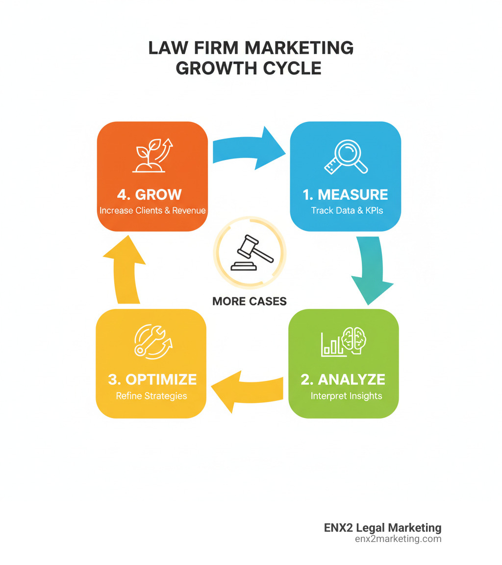 infographic showing the cycle of Measure -> Analyze -> Optimize -> Grow for law firm marketing - marketing analytics for lawyers infographic 