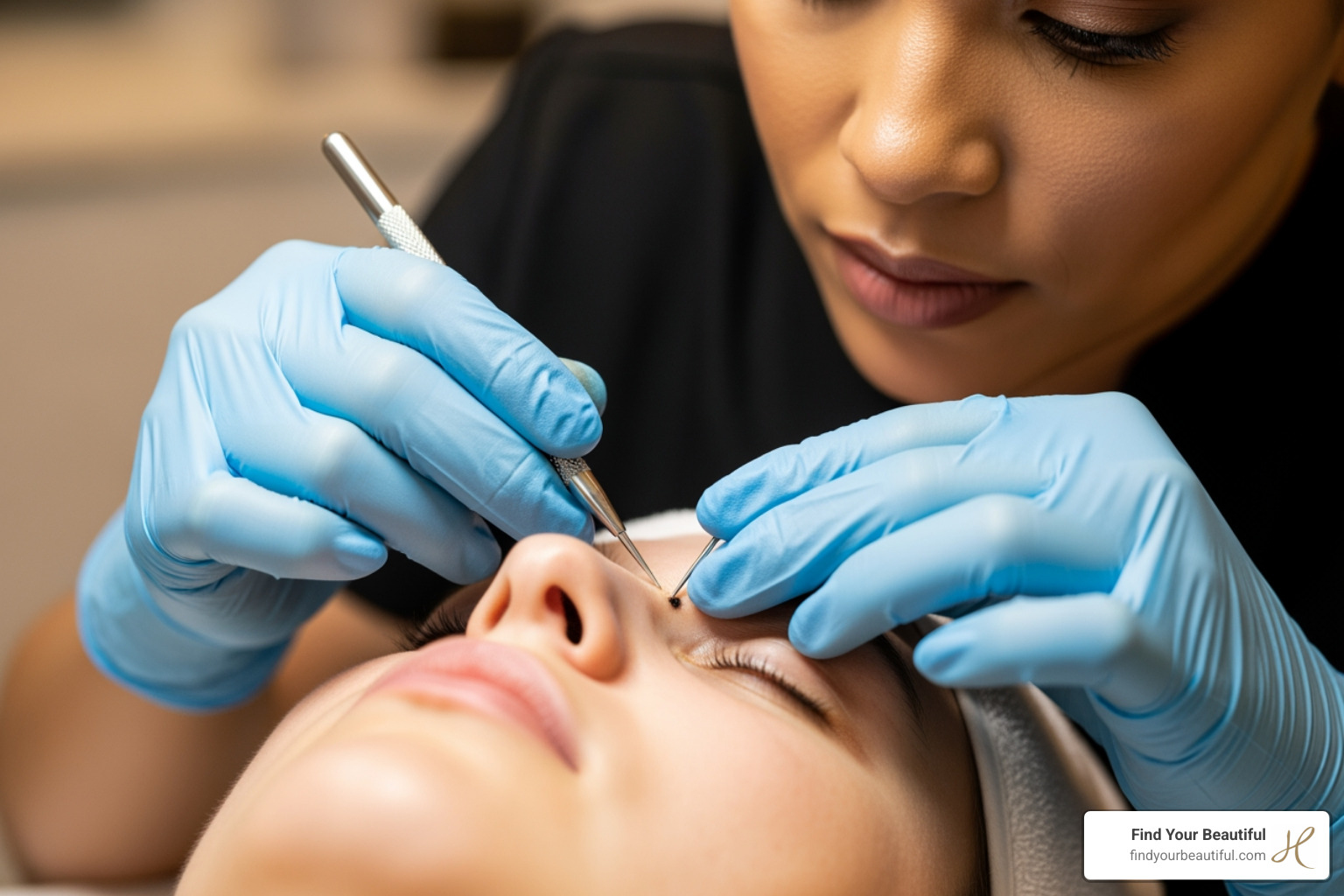 esthetician performing a gentle extraction on a client - acne facial esthetician performing a gentle extraction on a client - acne facial