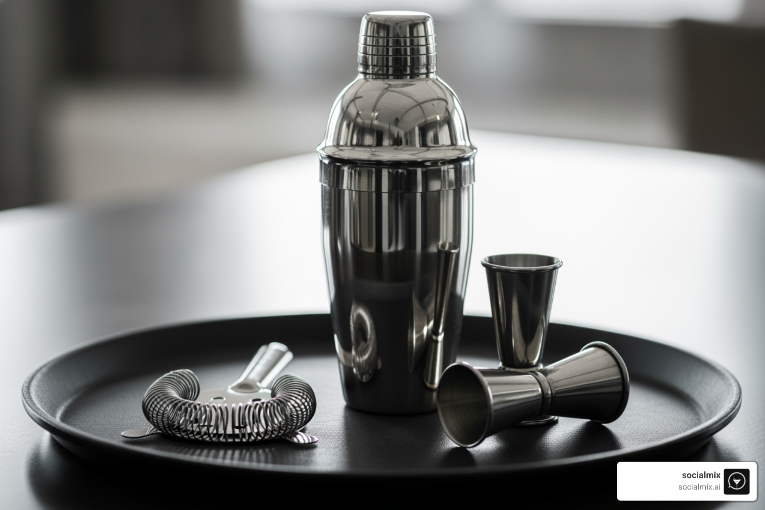 essential bar tools like a shaker, jigger, and strainer arranged neatly on a tray - bar cart decor essential bar tools like a shaker, jigger, and strainer arranged neatly on a tray - bar cart decor