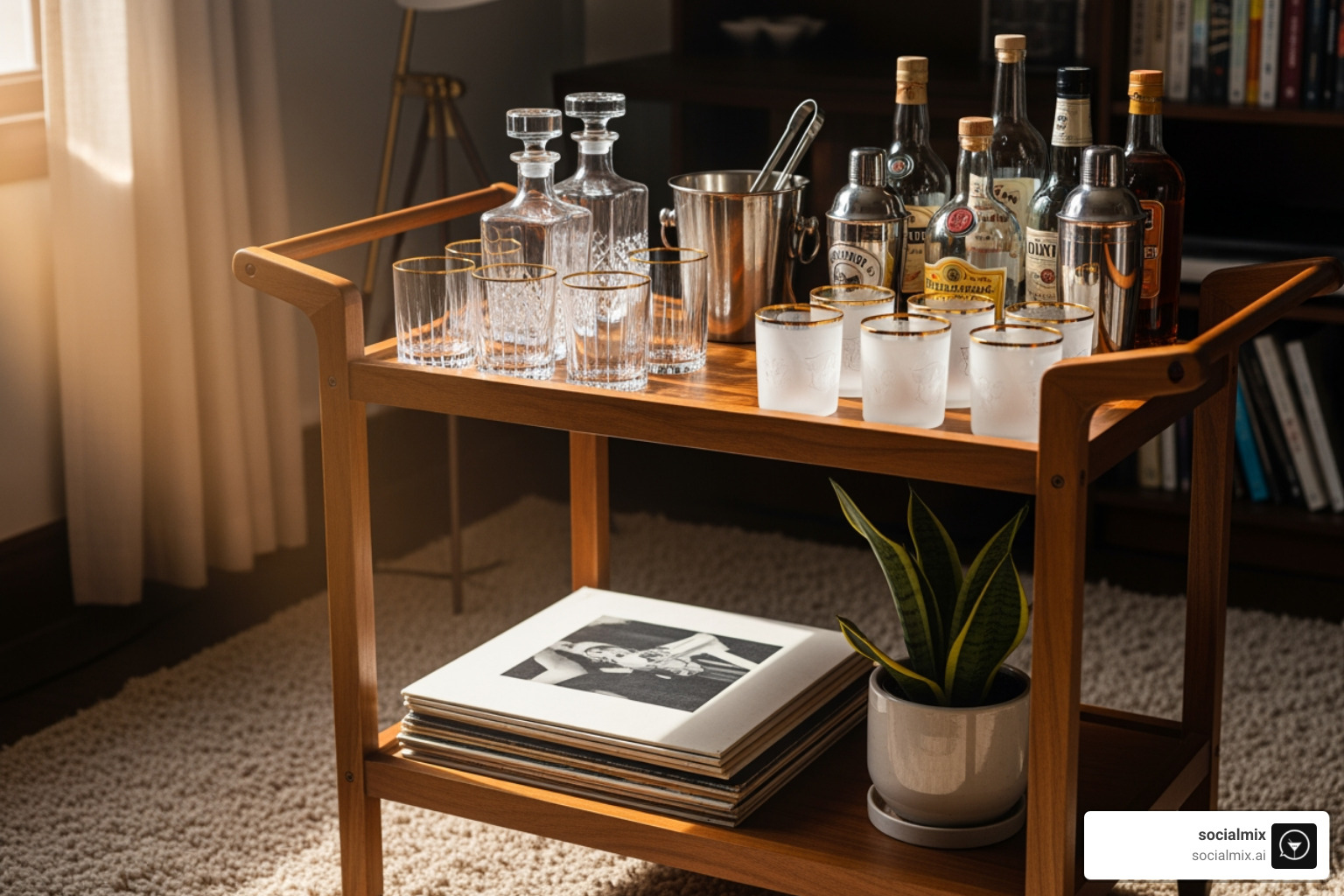 wooden mid-century modern bar cart with retro glassware - bar cart decor wooden mid-century modern bar cart with retro glassware - bar cart decor