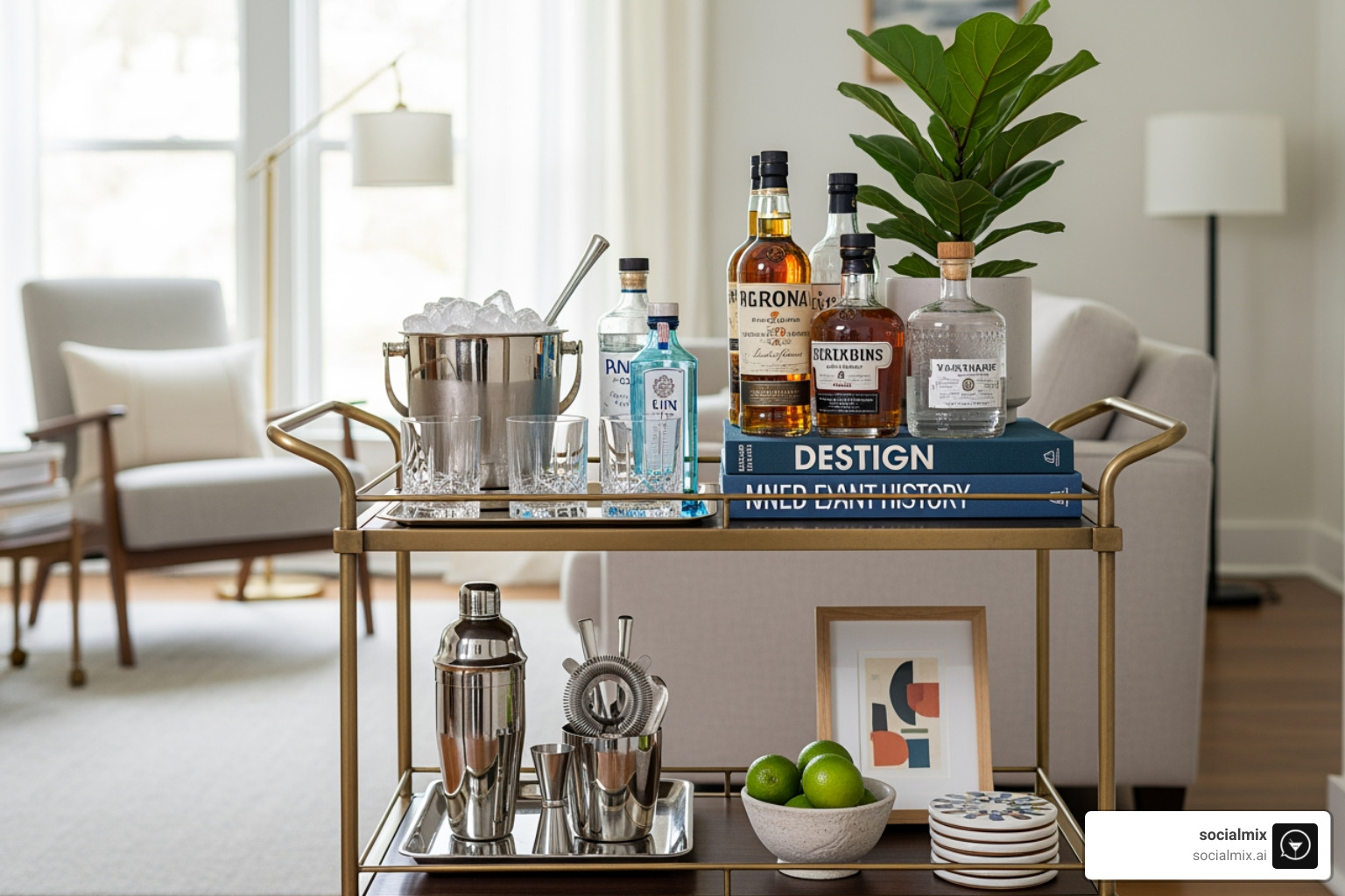 bar cart decorated with plants, books, and a small piece of art - bar cart decor bar cart decorated with plants, books, and a small piece of art - bar cart decor