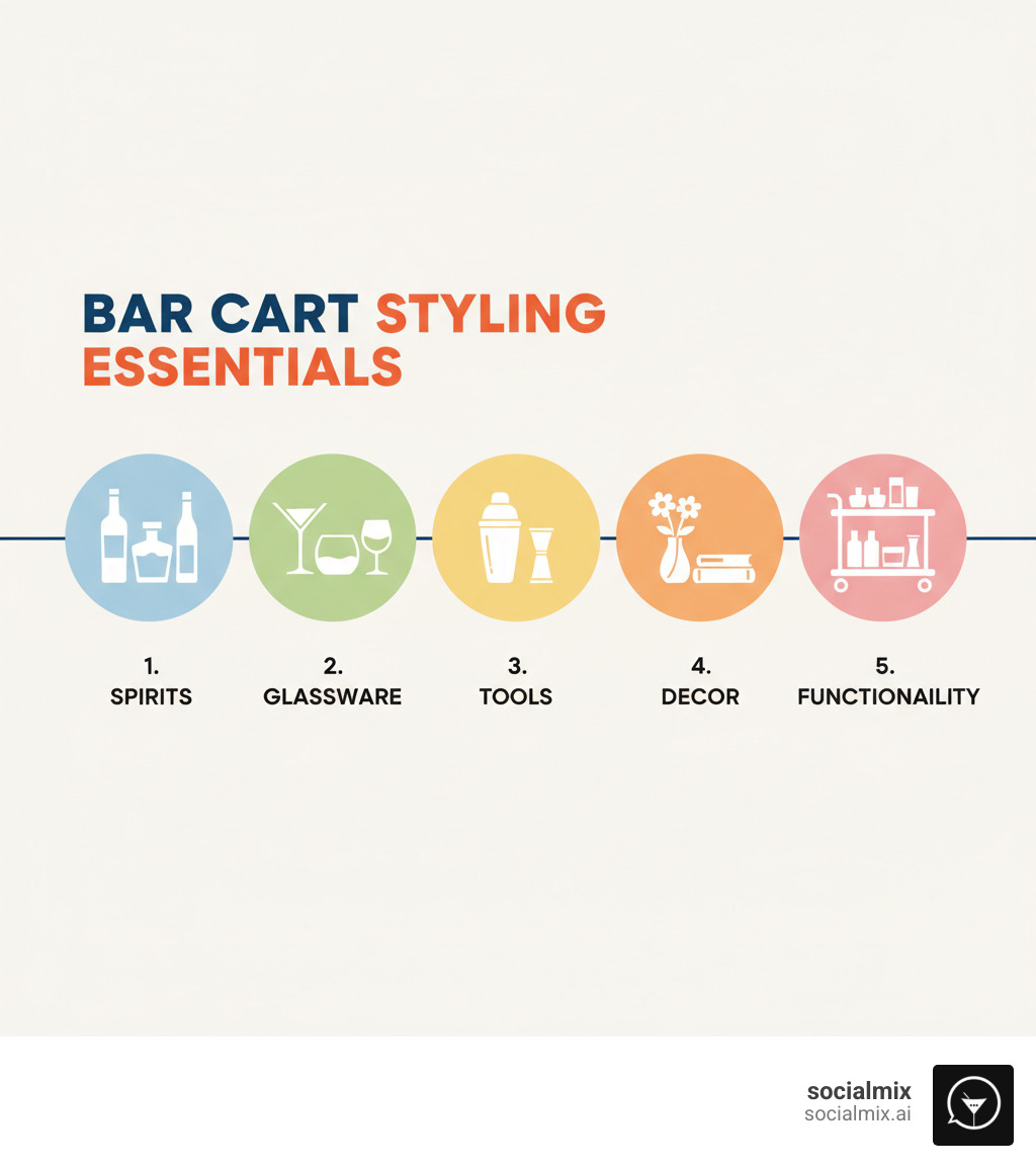 infographic showing 5 key elements of bar cart styling with icons: Spirits section showing essential bottles, Glassware section with various glass types, Tools section with shaker and jigger, Decor section with flowers and books, Functionality section showing organized layout - bar cart decor infographic infographic showing 5 key elements of bar cart styling with icons: Spirits section showing essential bottles, Glassware section with various glass types, Tools section with shaker and jigger, Decor section with flowers and books, Functionality section showing organized layout - bar cart decor infographic