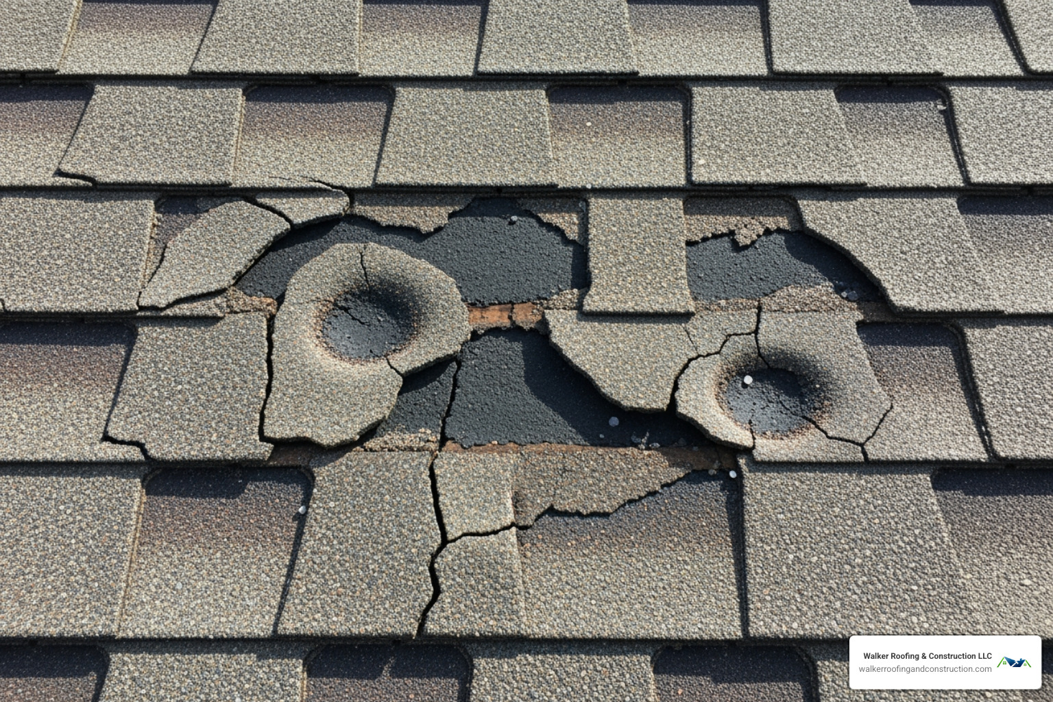 An asphalt shingle roof showing clear signs of hail damage, with visible dimples and granule loss - roofing replacement columbus ohio An asphalt shingle roof showing clear signs of hail damage, with visible dimples and granule loss - roofing replacement columbus ohio