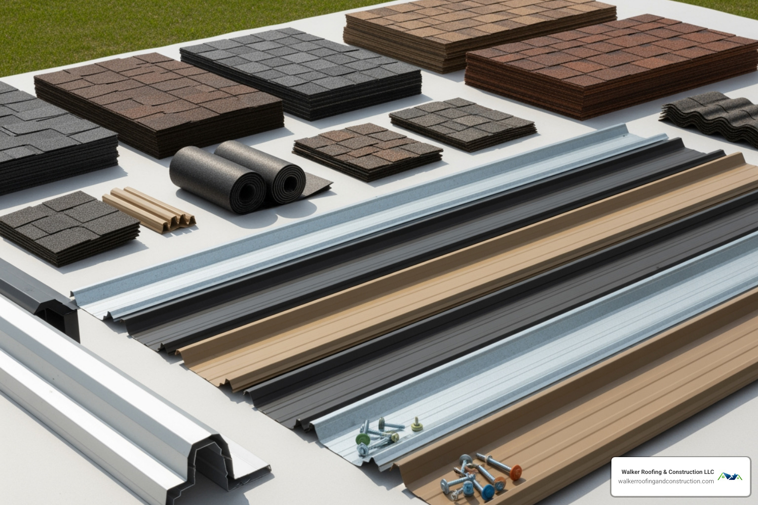 Various roofing materials laid out, including asphalt shingles in different colors and metal roofing panels - roofing replacement columbus ohio Various roofing materials laid out, including asphalt shingles in different colors and metal roofing panels - roofing replacement columbus ohio