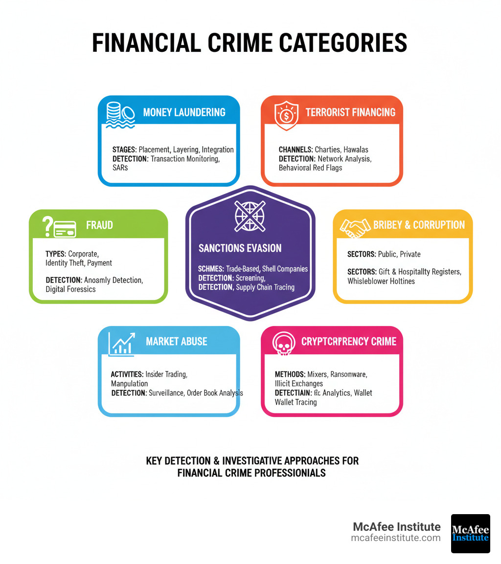 Infographic showing the main categories of financial crime: Money Laundering (placement, layering, integration stages), Terrorist Financing (funding channels and detection methods), Fraud (corporate fraud, identity theft, payment fraud), Sanctions Evasion (trade-based schemes and screening failures), Bribery and Corruption (public and private sector schemes), Market Abuse (insider trading and manipulation), and Cryptocurrency Crime (mixing services, ransomware, illicit exchanges). Each category includes key detection methods and investigative approaches used by financial crime professionals. - financial crime training infographic 