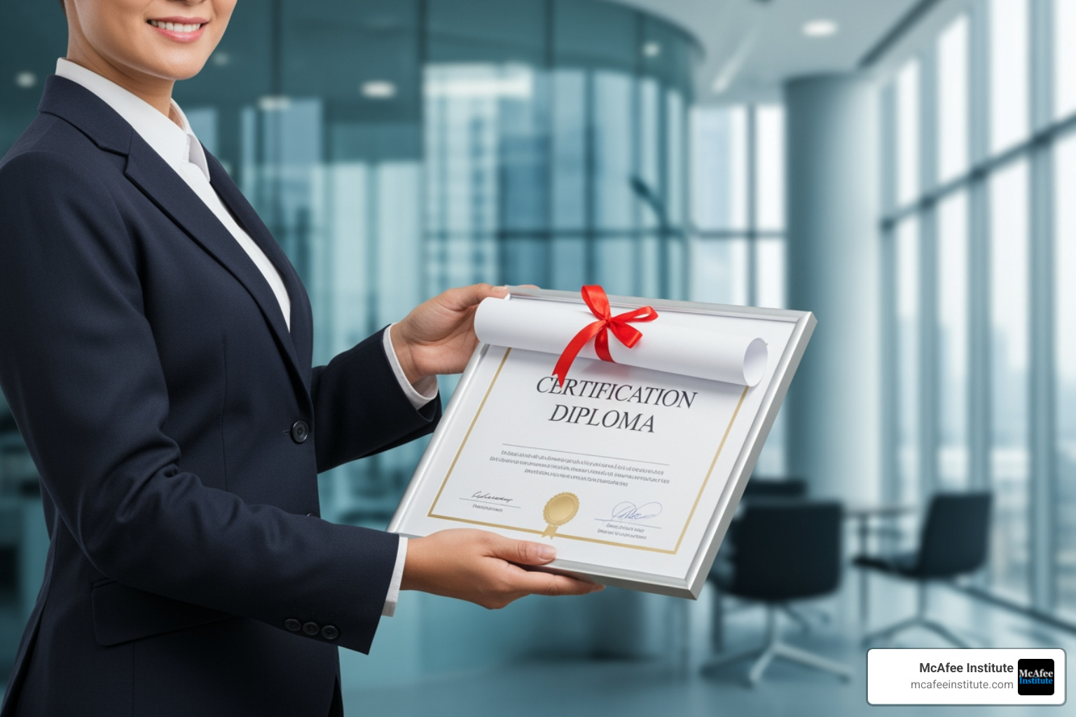 Image of a professional proudly holding a certification diploma, with a blurred background of a modern office or financial institution. - financial crime training