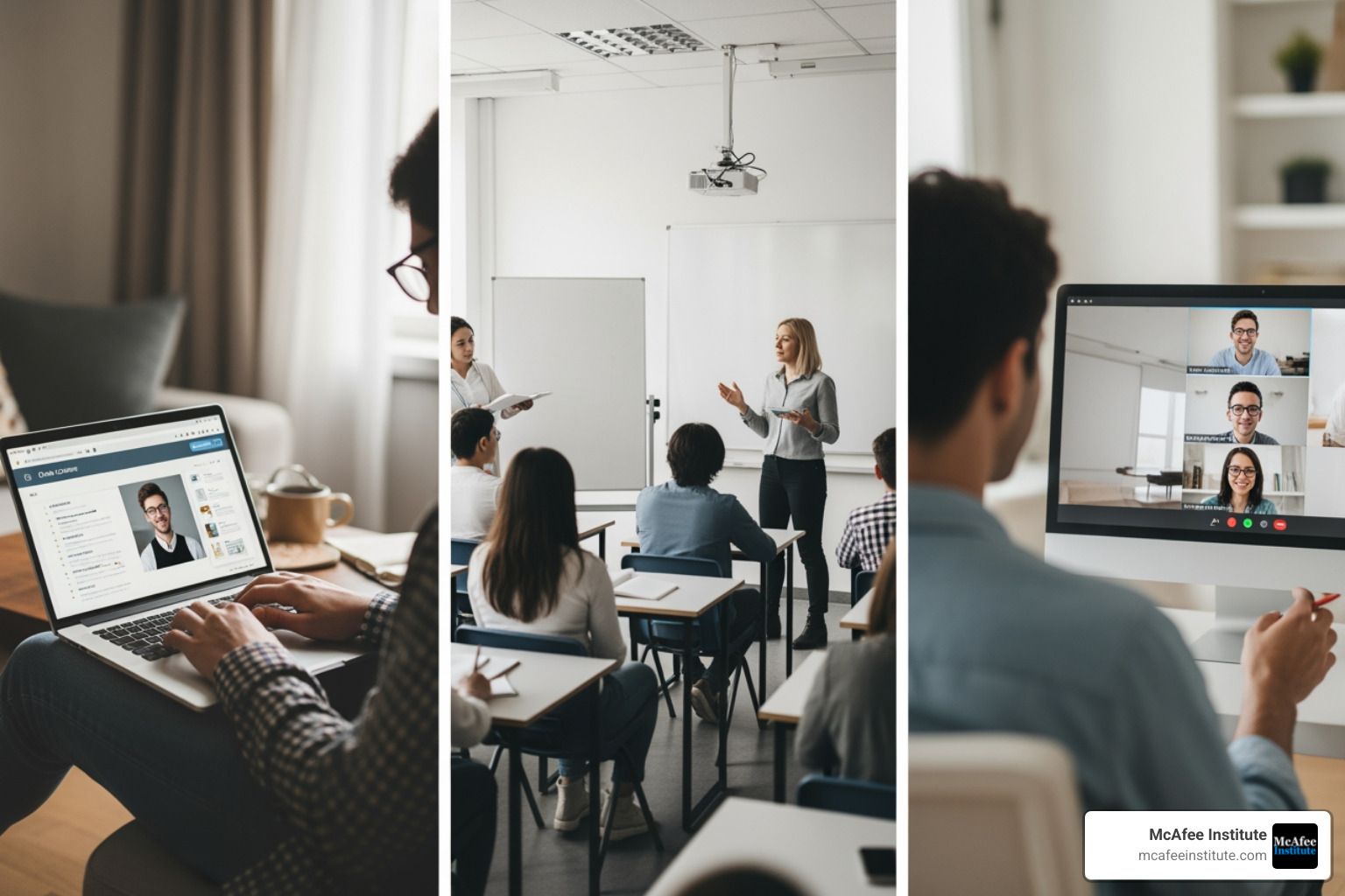 Image comparing different training formats, with icons for online, in-person, and webinar. Online shows a laptop with a course interface, in-person shows a classroom setting with students and an instructor, and webinar shows a person participating in a live video call. - financial crime training