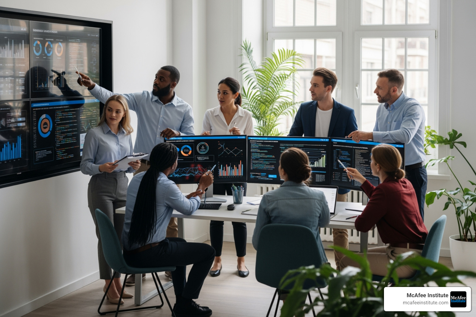 Image of a diverse team collaborating on a compliance strategy in a modern office setting, looking at data on screens. - financial crime training