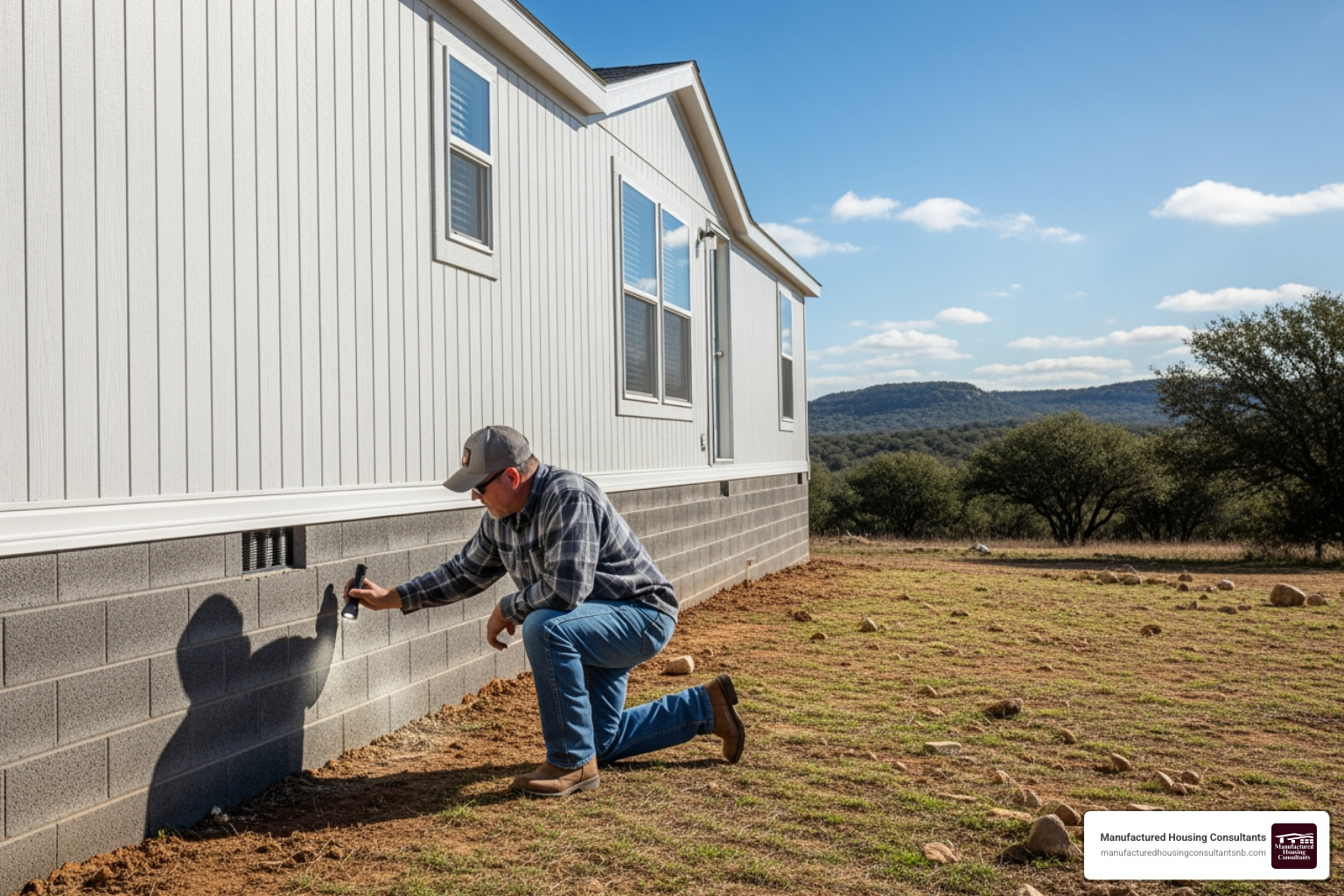 Person inspecting the skirting and foundation of a manufactured home - manufactured homes repos for sale