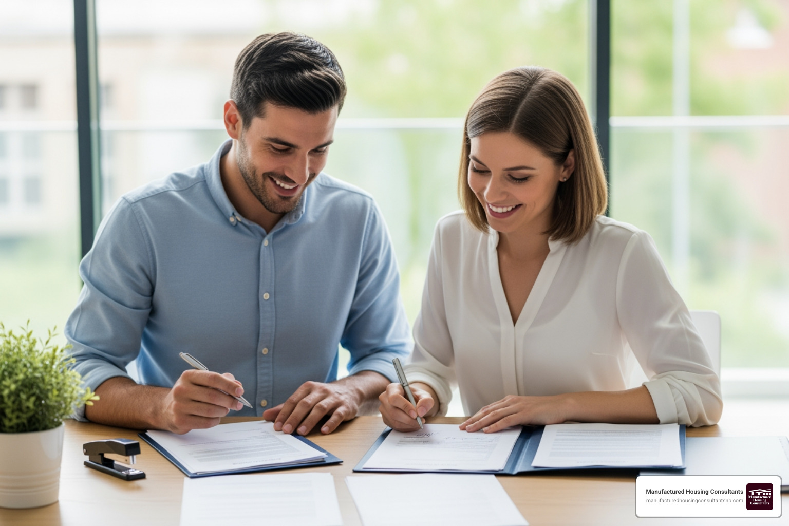 Couple signing financing paperwork for their new home - manufactured homes repos for sale