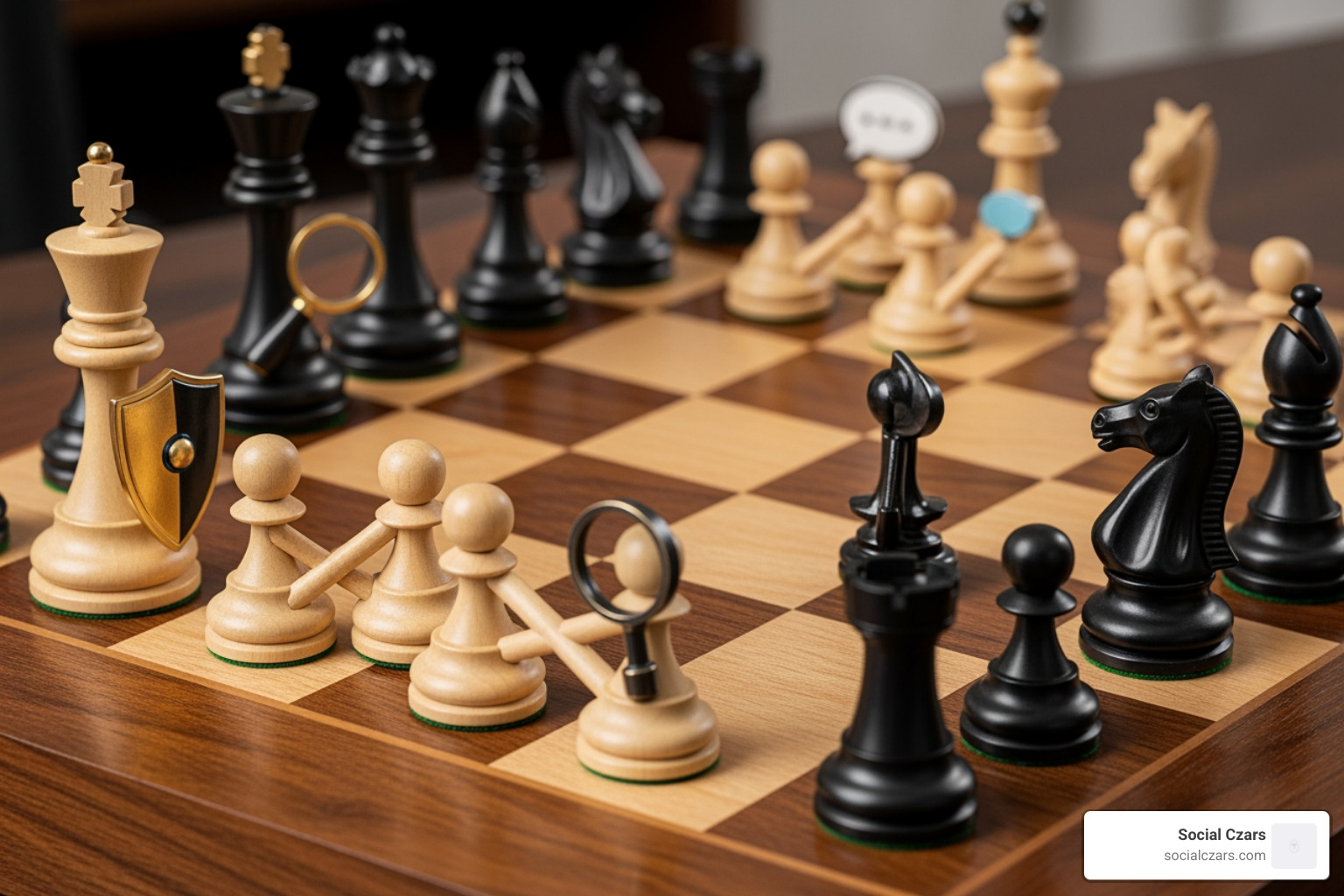 Chess board with pieces representing different ORM tactics - online reputation strategies